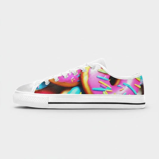 Freaky Shoes® men's low-top canvas sneakers featuring a vibrant pink donut art print with colorful sprinkles