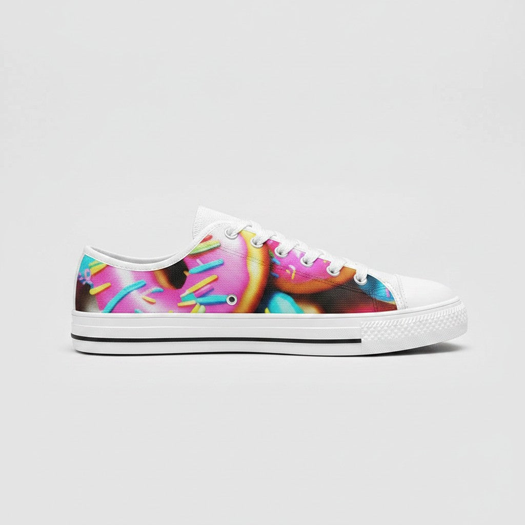 Freaky Shoes® women's low-top canvas sneakers featuring a colorful donut art print with pink frosting and sprinkles.