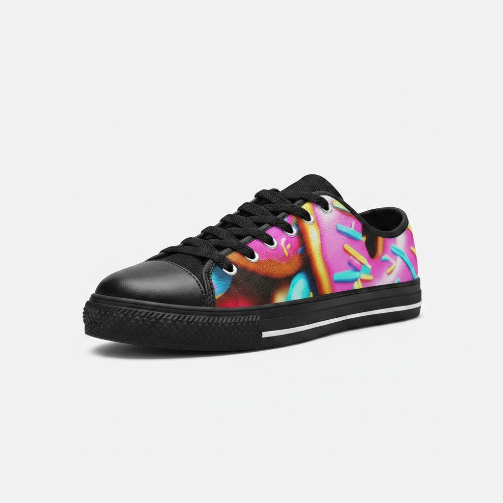 Freaky Shoes® men's low-top canvas sneakers featuring a vibrant pink donut art print with black trim and laces.