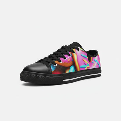 Freaky Shoes® men's low-top canvas sneakers featuring a vibrant pink donut art print with black trim and laces.