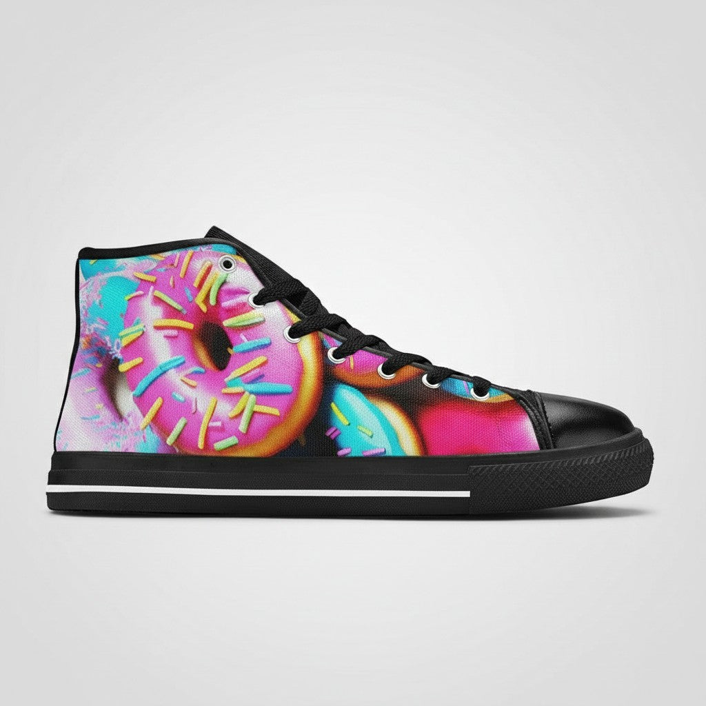 Freaky Shoes® women's high-top canvas sneakers featuring a vibrant, colorful donut art print with black trim.