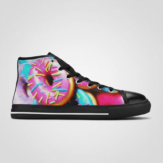 Freaky Shoes® women's high-top canvas sneakers featuring a vibrant, colorful donut art print with black trim.