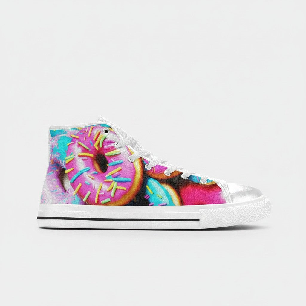 Freaky Shoes® women's high-top canvas sneakers featuring a vibrant, colorful donut art print and white laces.