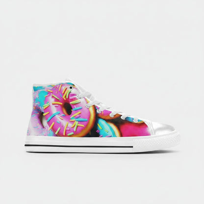 Freaky Shoes® women's high-top canvas sneakers featuring a vibrant, colorful donut art print and white laces.