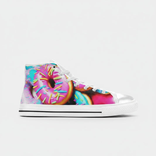 Freaky Shoes® women's high-top canvas sneakers featuring a vibrant, colorful donut art print and white laces.