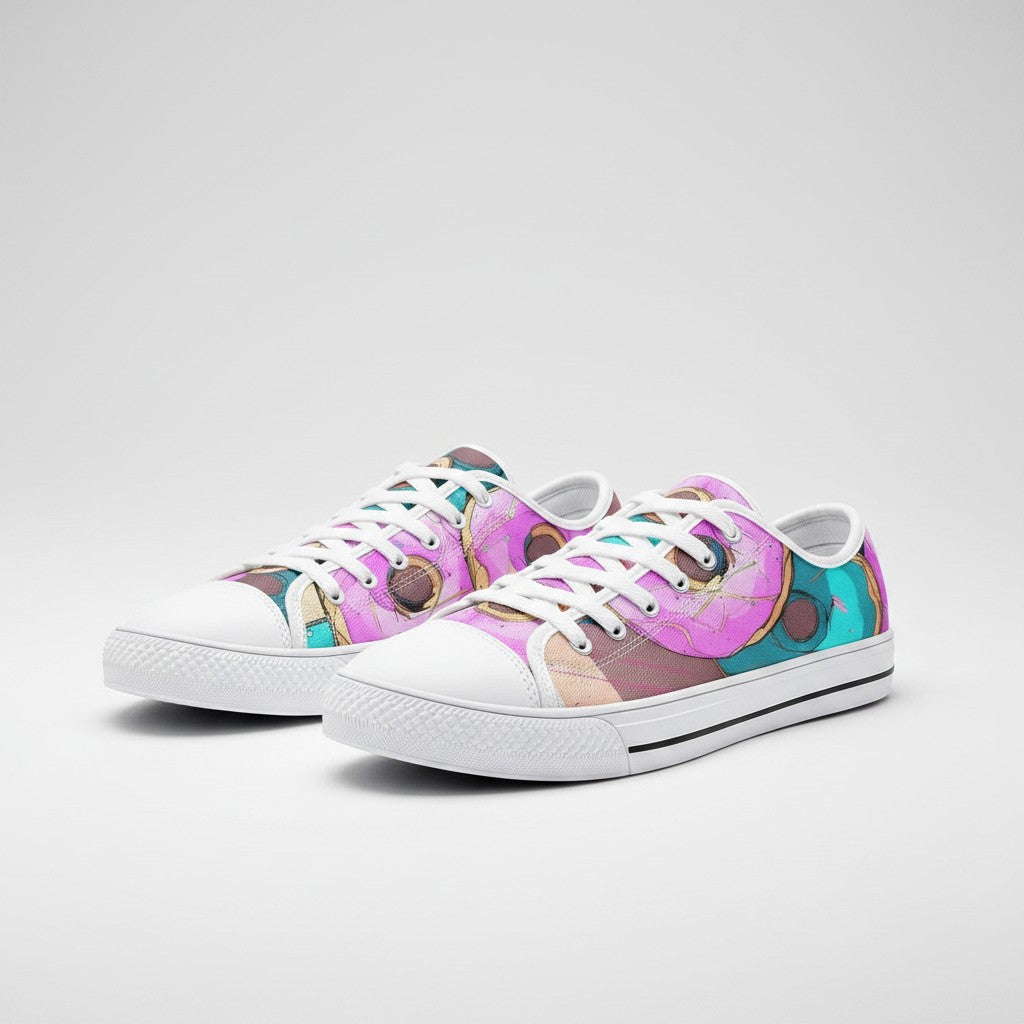 Freaky Shoes® low-top canvas sneakers featuring a vibrant pink and blue donut art print with white laces and soles.