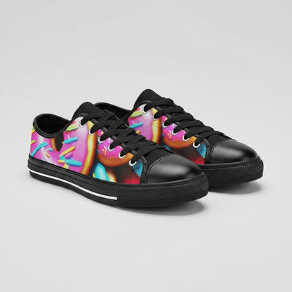 Freaky Shoes® women's low-top canvas sneakers featuring a vibrant pink donut art print with black trim and laces.