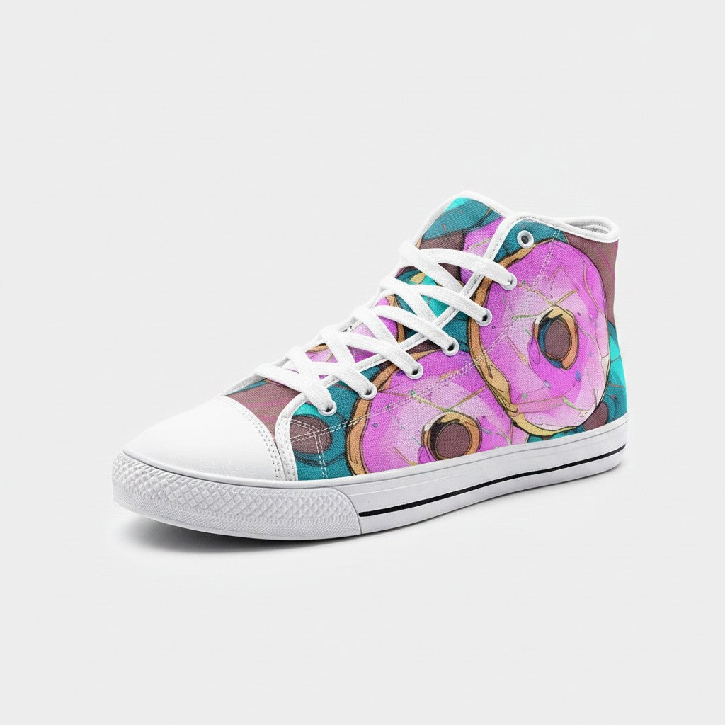 Freaky Shoes® high-top canvas sneakers featuring a vibrant pink donut print on a teal background with white laces.