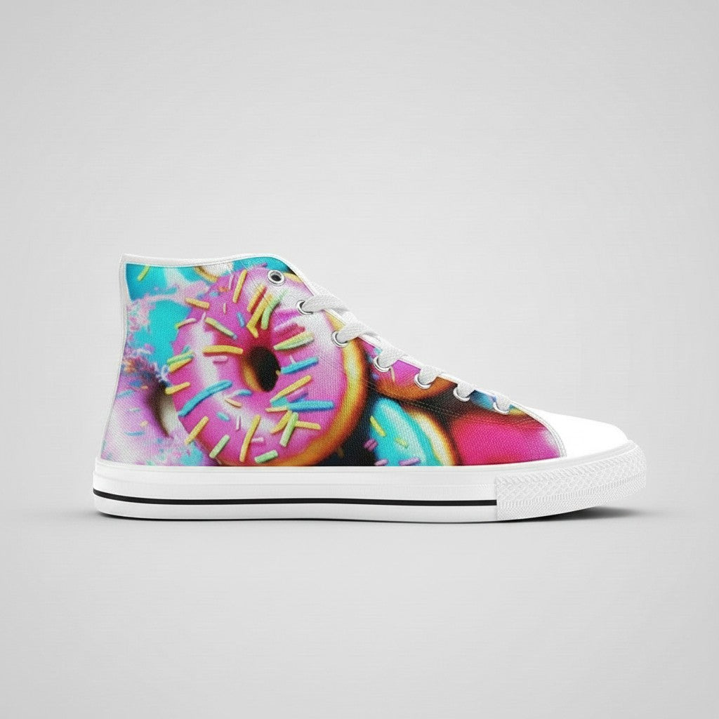 Freaky Shoes® men's high-top canvas sneakers featuring a vibrant pink and blue donut print with colorful sprinkles.