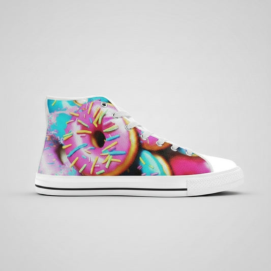 Freaky Shoes® men's high-top canvas sneakers featuring a vibrant pink and blue donut print with colorful sprinkles.
