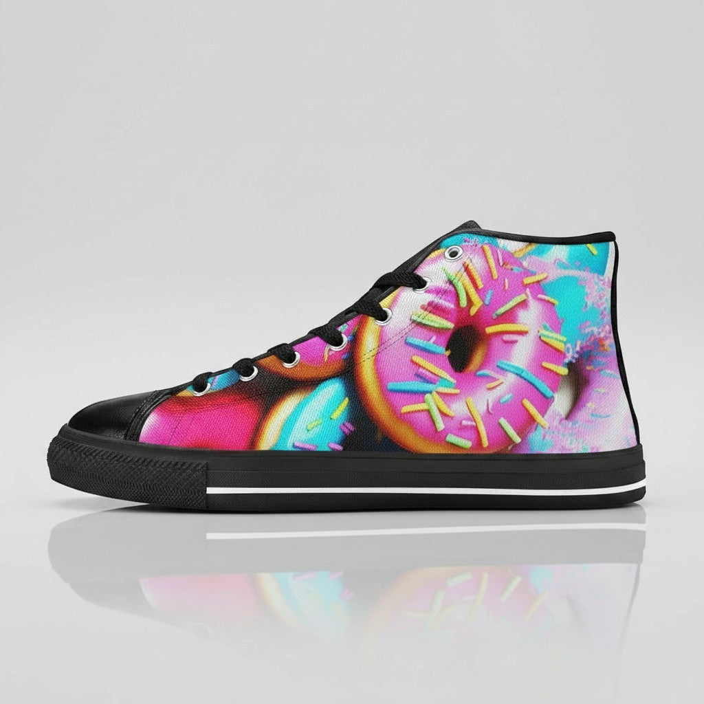 Freaky Shoes® men's high-top canvas sneakers featuring a vibrant, colorful donut print with pink icing and sprinkles.