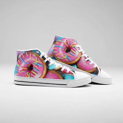 Freaky Shoes® high-top canvas sneakers featuring a vibrant pink donut print with colorful sprinkles and white laces.