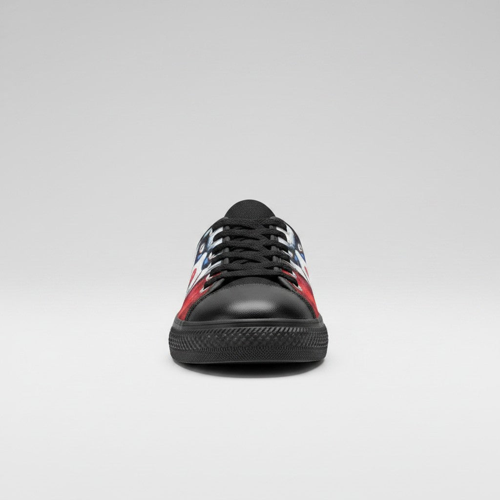 Freaky Shoes® men's low-top canvas shoes featuring a bold evil clown graphic print in red, white, and black.