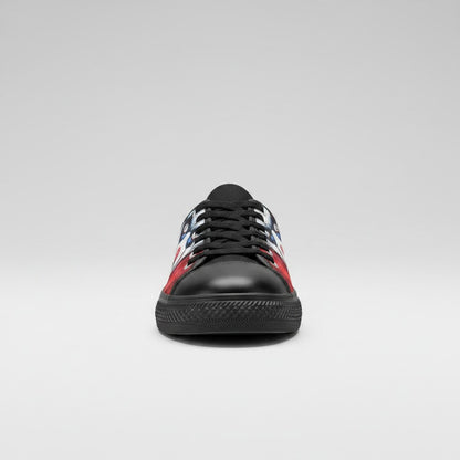 Freaky Shoes® men's low-top canvas shoes featuring a bold evil clown graphic print in red, white, and black.