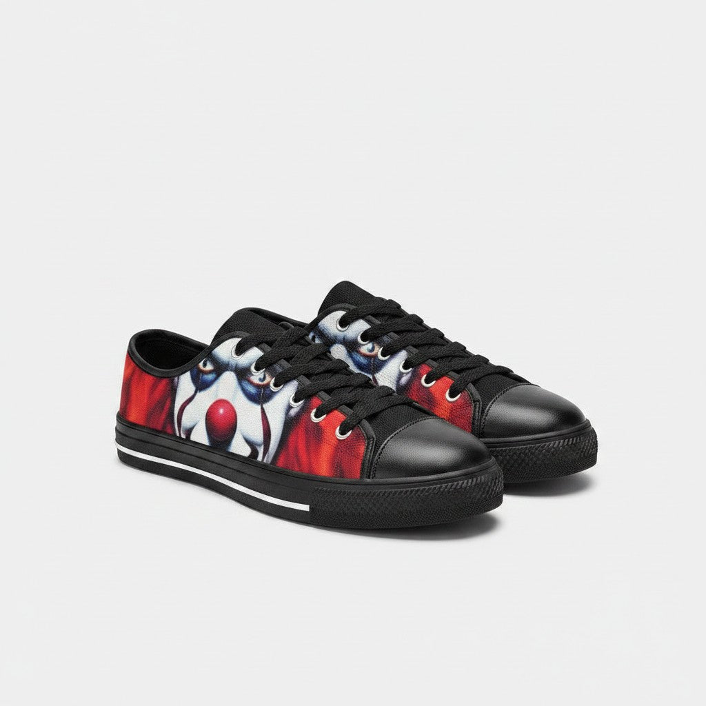 Freaky Shoes® women's low-top canvas sneakers featuring a vivid evil clown graphic print with black trim and laces.