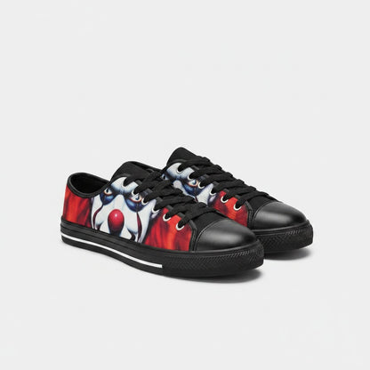 Freaky Shoes® women's low-top canvas sneakers featuring a vivid evil clown graphic print with black trim and laces.