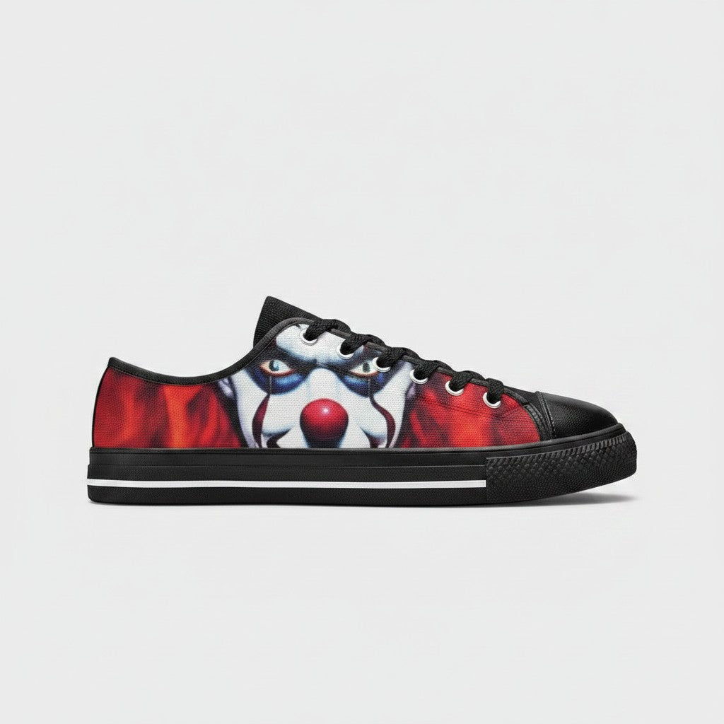 Freaky Shoes® men's low-top canvas sneakers featuring a vivid evil clown graphic print in red and black