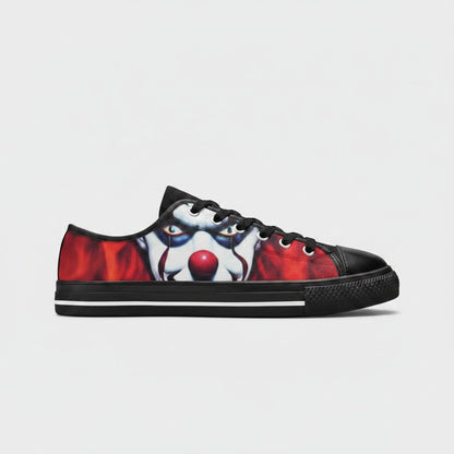 Freaky Shoes® men's low-top canvas sneakers featuring a vivid evil clown graphic print in red and black