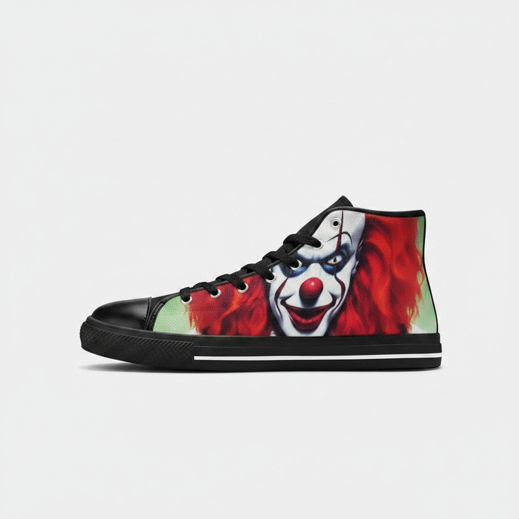 Freaky Shoes® men's high-top canvas sneakers featuring a vivid evil clown graphic with red hair and black trim.