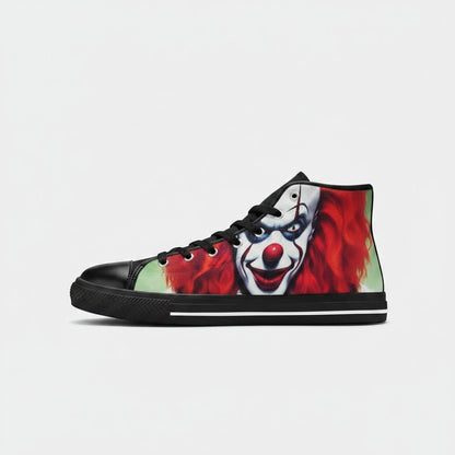 Freaky Shoes® men's high-top canvas sneakers featuring a vivid evil clown graphic with red hair and black trim.