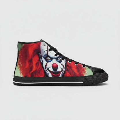 Freaky Shoes® women's high-top canvas sneakers featuring a vivid evil clown graphic print with red hair and black trim.