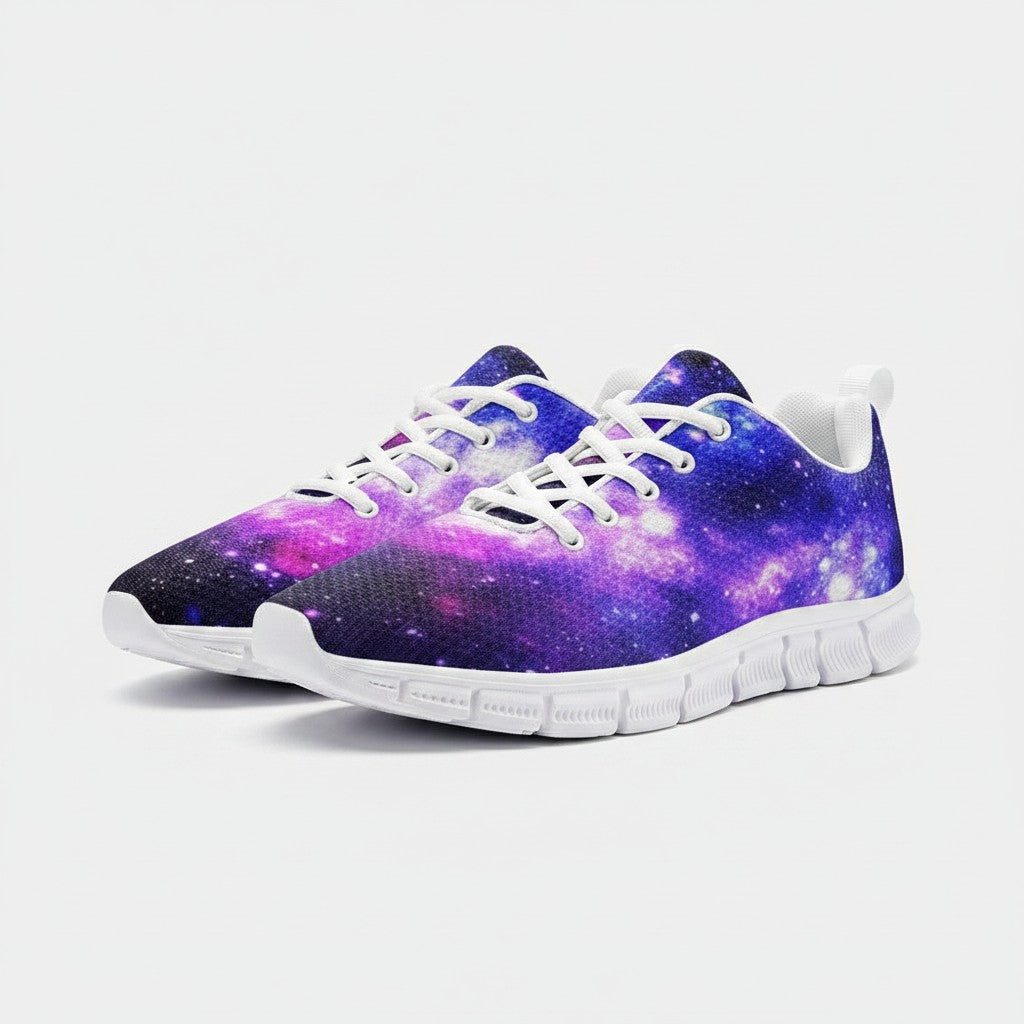 Freaky Shoes® Galaxy Art high-top canvas sneakers featuring a vibrant purple and blue nebula space print.