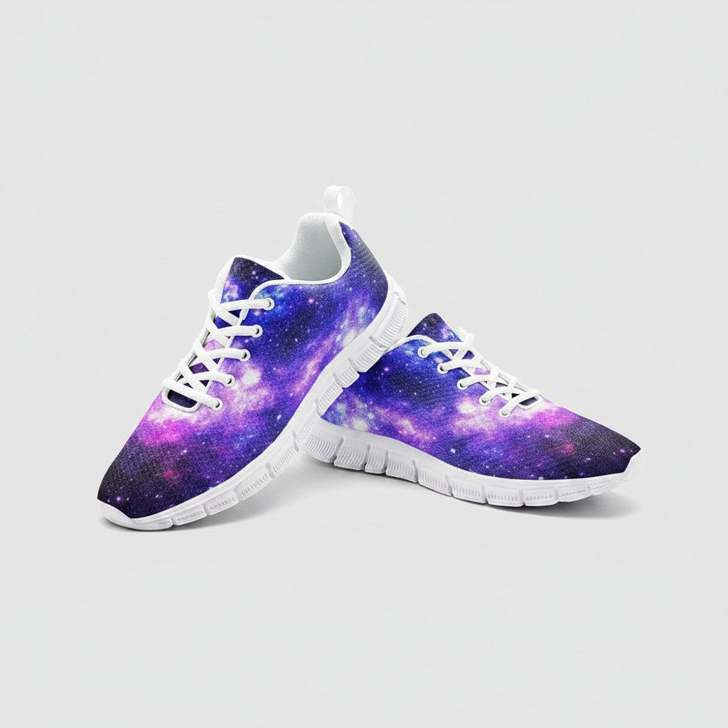 Freaky Shoes® Galaxy Art high-top canvas sneakers featuring a vibrant purple and blue nebula space print.
