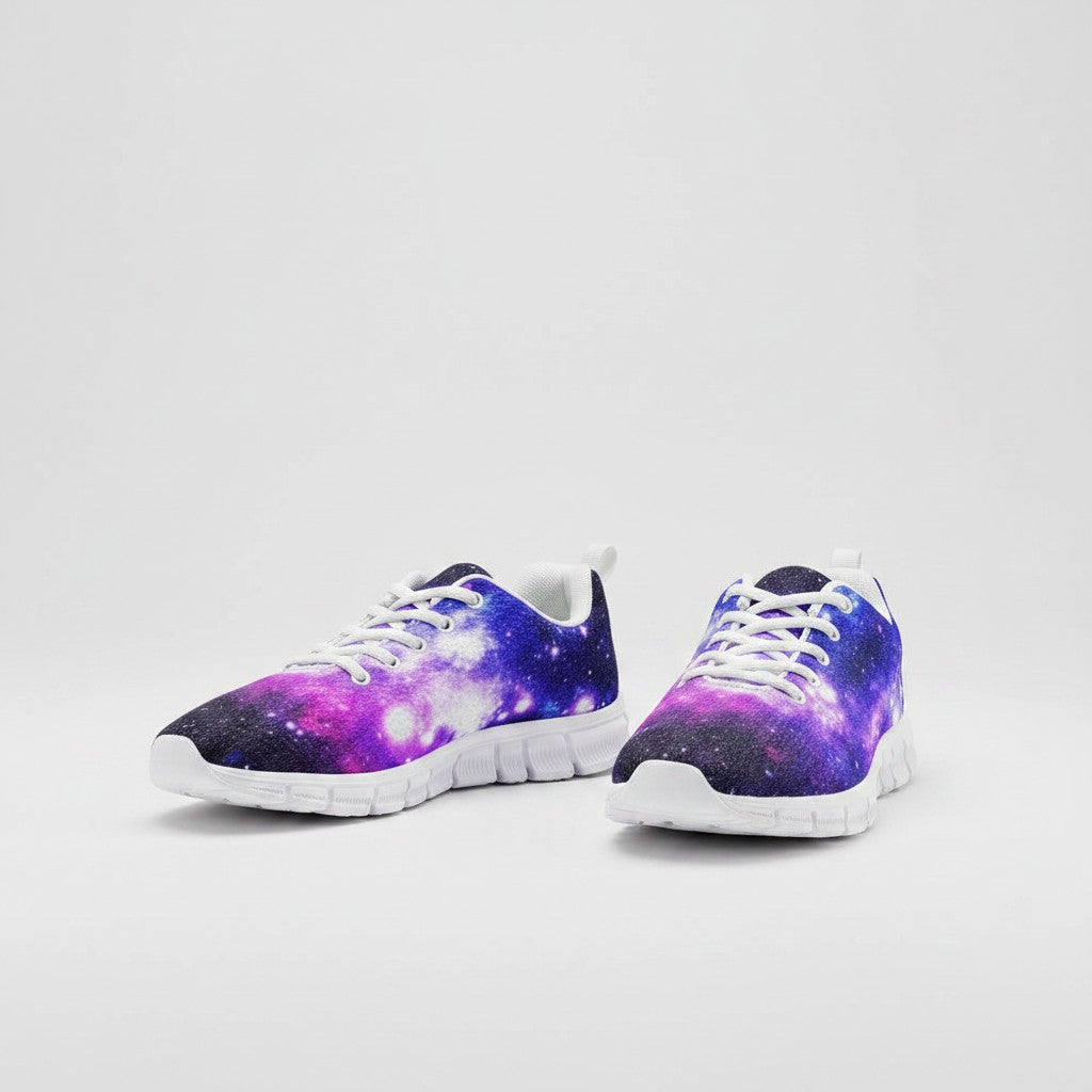 Freaky Shoes® Galaxy Art high-top canvas sneakers with a vibrant purple and blue nebula space print and white soles.