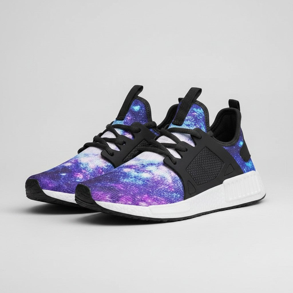 Freaky Shoes® Galaxy Art high-top sneakers featuring a vibrant purple and blue nebula print on breathable canvas.