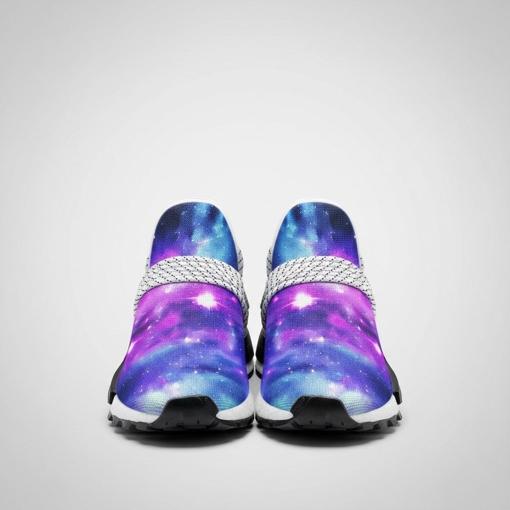 Freaky Shoes® Galaxy Fun high-top canvas sneakers featuring a vibrant purple and blue nebula space print