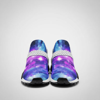Freaky Shoes® Galaxy Fun high-top canvas sneakers featuring a vibrant purple and blue nebula space print