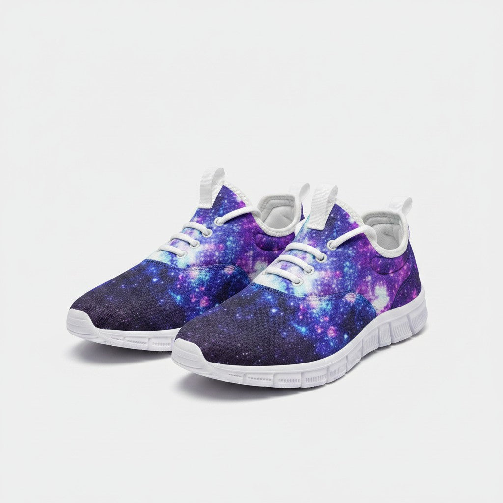Freaky Shoes® galaxy print high-top canvas sneakers with purple and blue nebula design and white EVA soles.
