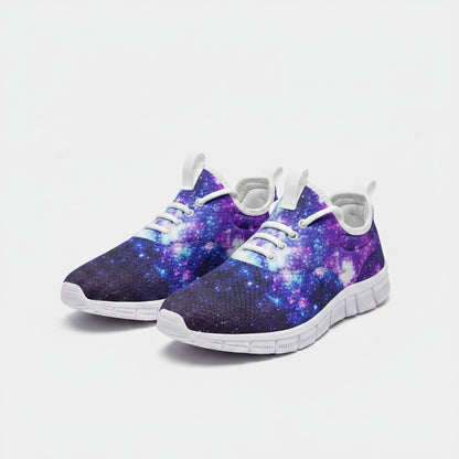 Freaky Shoes® galaxy print high-top canvas sneakers with purple and blue nebula design and white EVA soles.