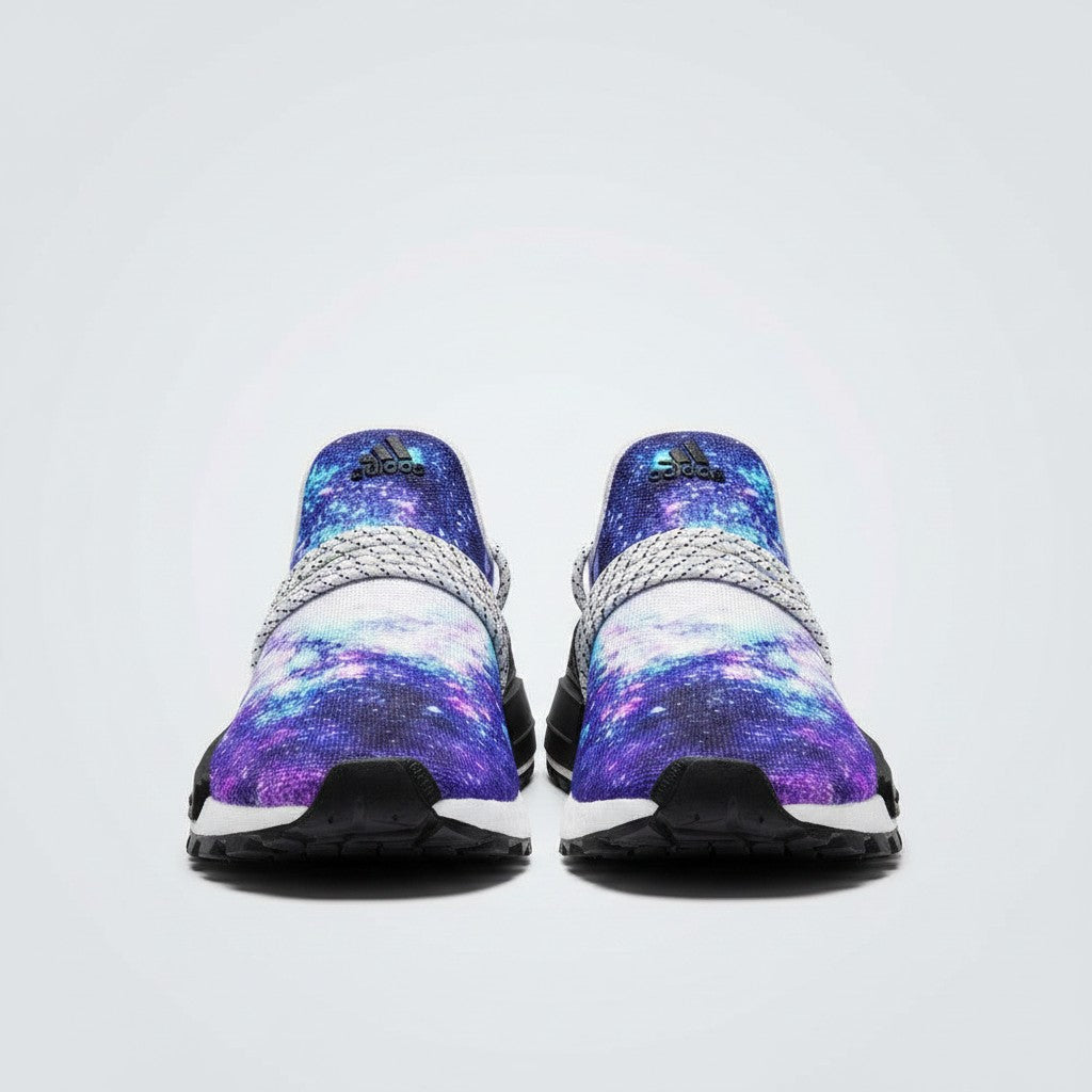 Freaky Shoes® high-top canvas sneakers featuring a vibrant purple and blue galaxy print with a lace-up design.