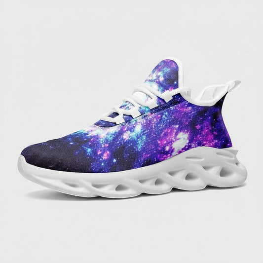 Freaky Shoes® high-top canvas sneakers featuring a vibrant purple and blue galaxy print with a white EVA sole.