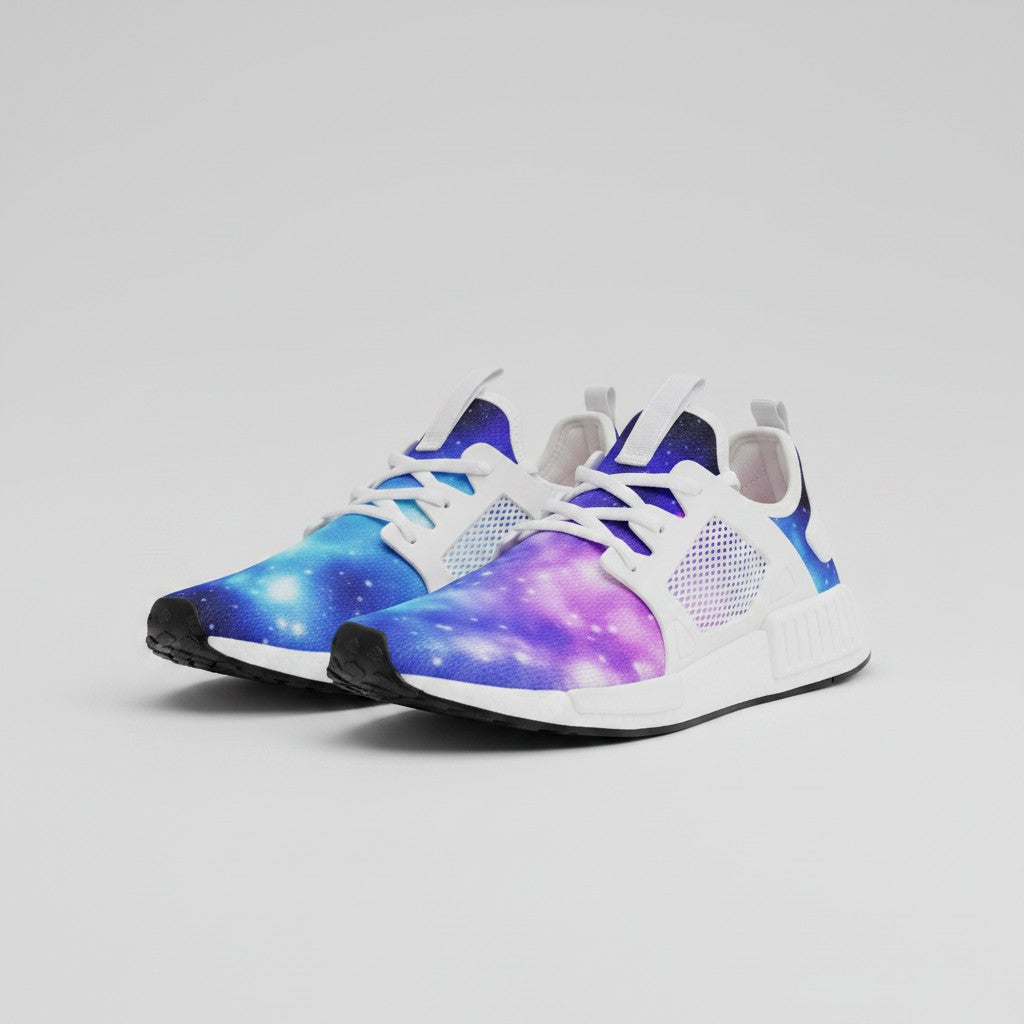 Freaky Shoes® galaxy print high-top canvas sneakers with white laces and mesh detailing on a light grey background.