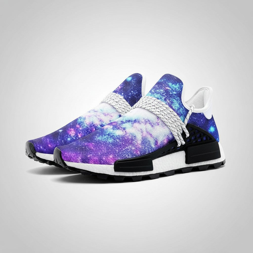 Freaky Shoes® galaxy print high-top canvas sneakers with purple and blue nebula design and white lace-up closure.