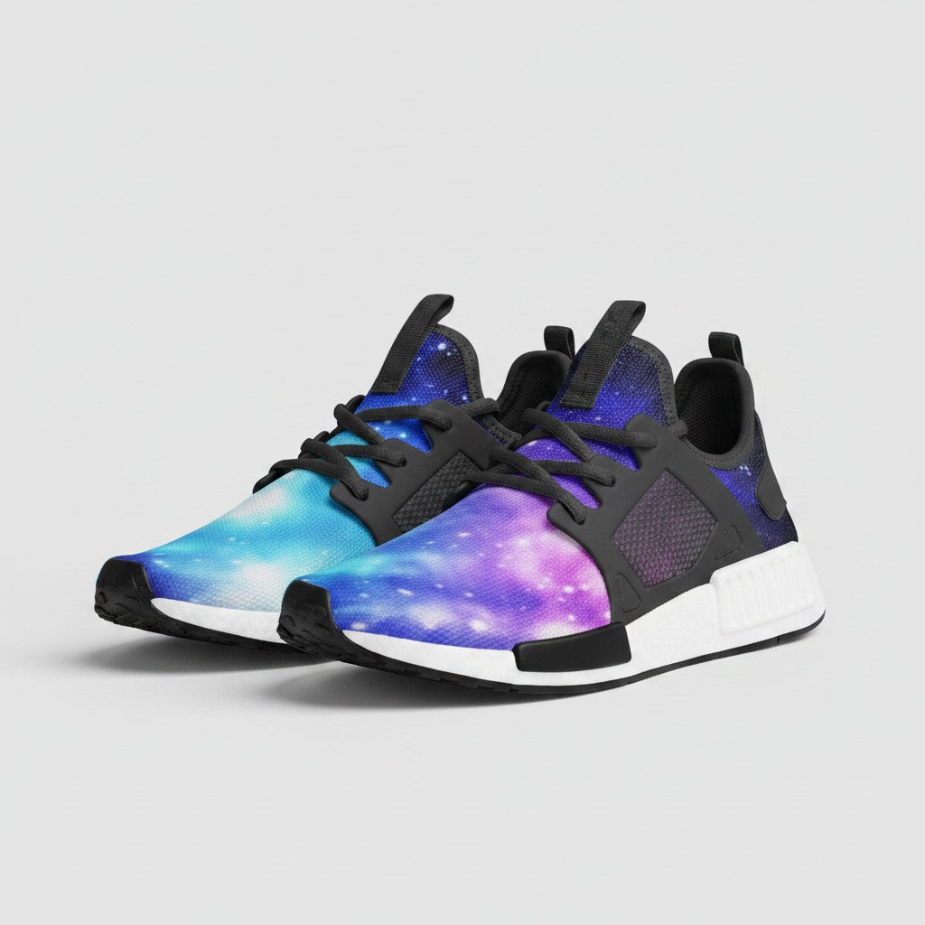 Freaky Shoes® galaxy print high-top canvas sneakers with breathable mesh, black laces, and white EVA soles.