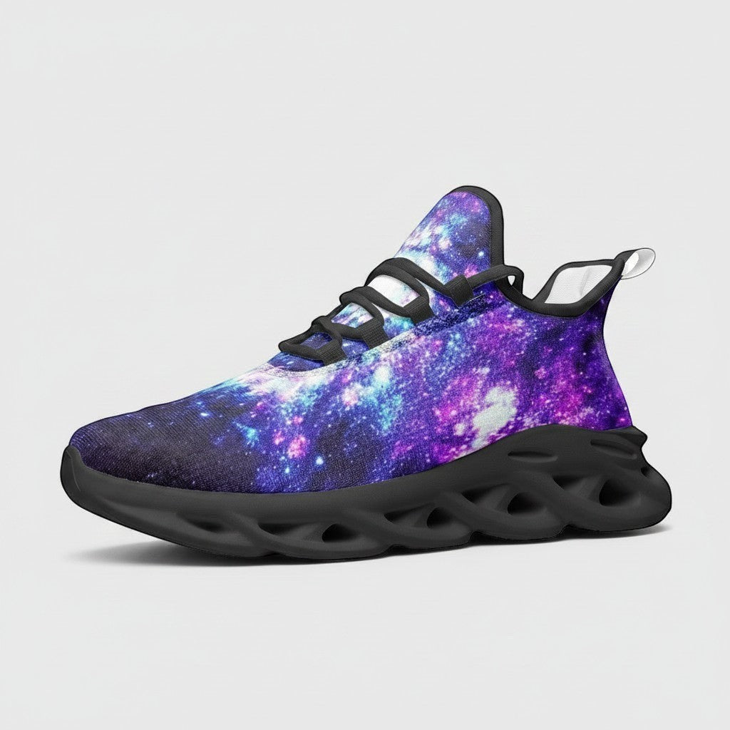 Freaky Shoes® high-top canvas sneakers featuring a vibrant purple and blue galaxy print with a black EVA sole.