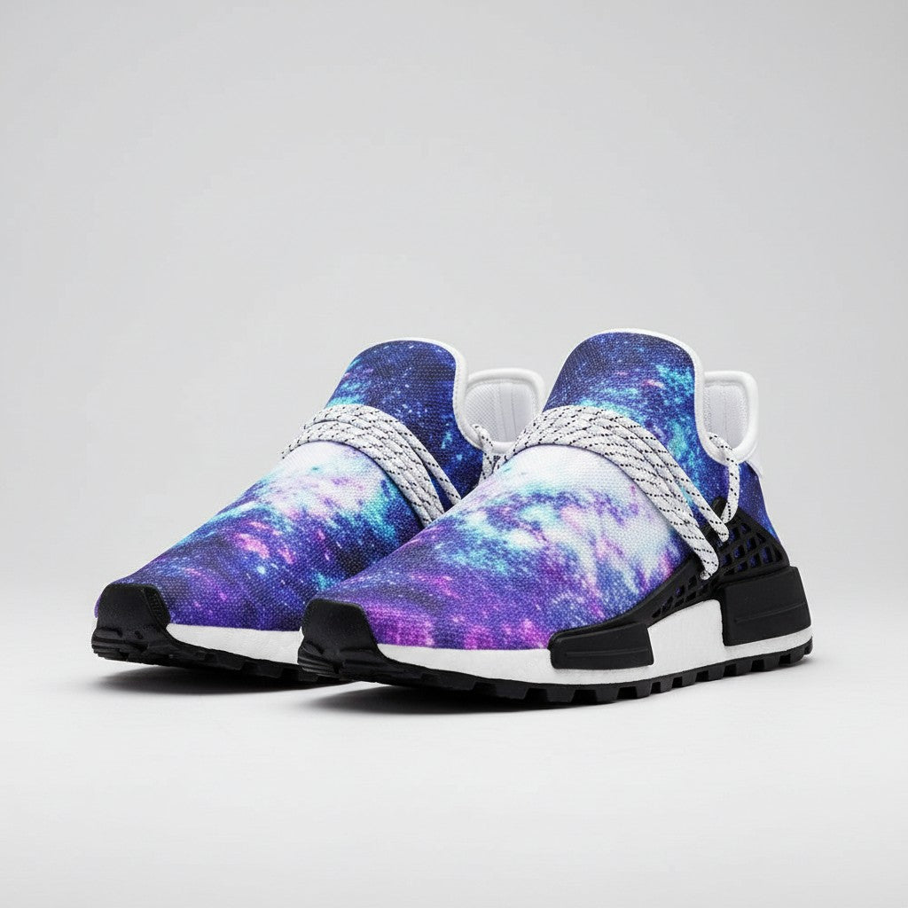 Freaky Shoes® galaxy print high-top canvas sneakers with purple and blue nebula design and white lace-up closure.