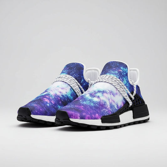 Freaky Shoes® galaxy print high-top canvas sneakers with purple and blue nebula design and white lace-up closure.
