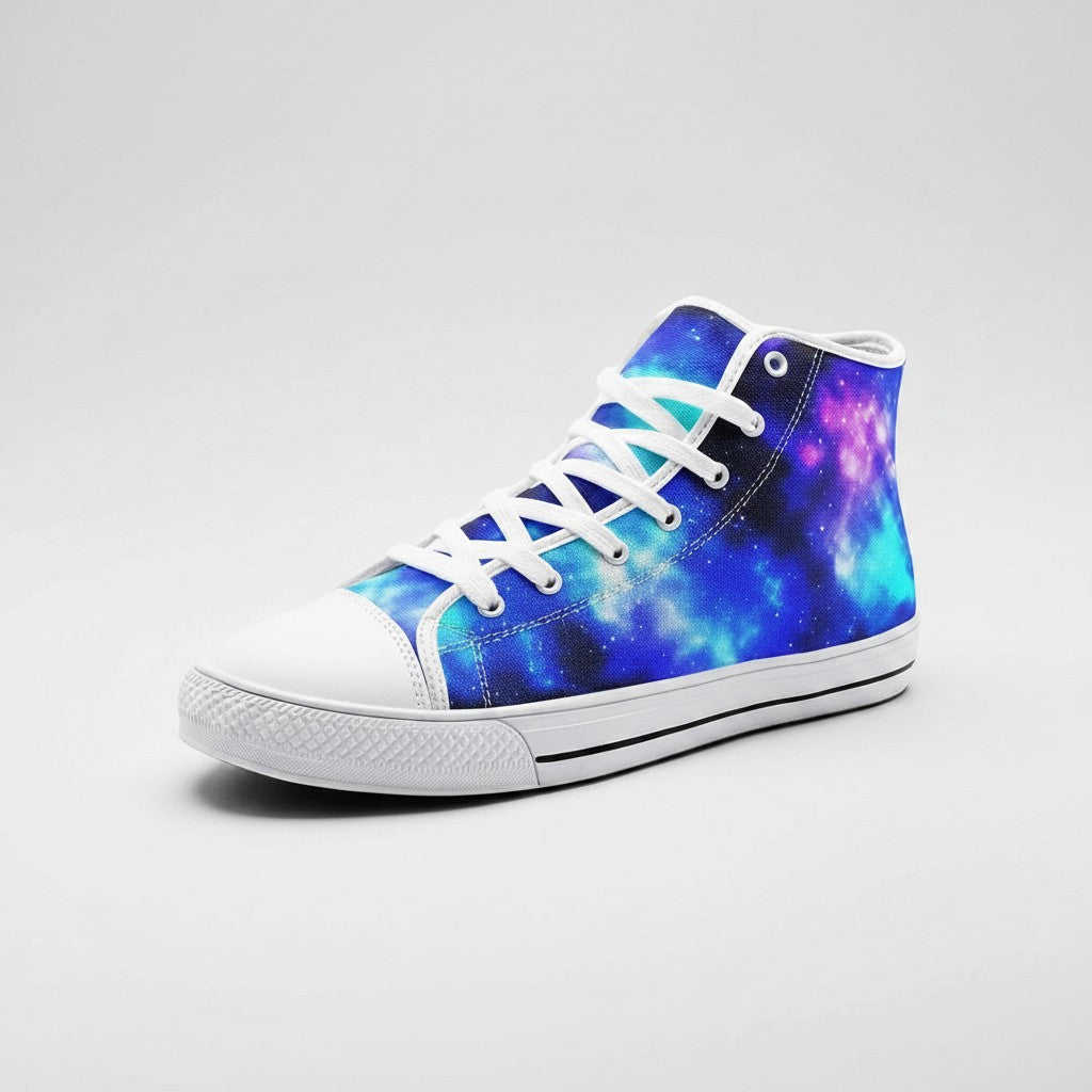 Freaky Shoes® high-top canvas sneakers featuring a vibrant blue and purple galaxy print with white laces and soles.