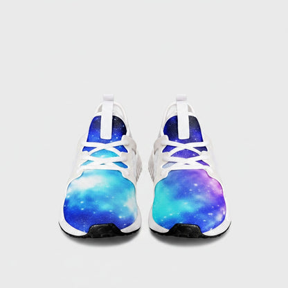 Freaky Shoes® high-top canvas sneakers featuring a vibrant blue and purple galaxy print with white lace-up closure.