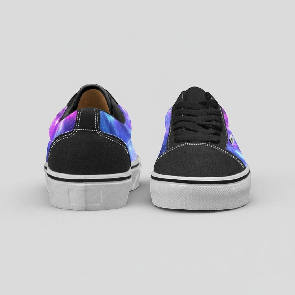 Freaky Shoes® low-top canvas skate shoes featuring a vibrant purple and blue galaxy nebula print with black accents