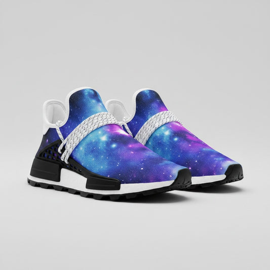 Freaky Shoes® Galaxy Fun high-top canvas sneakers featuring a vibrant blue and purple nebula space print.