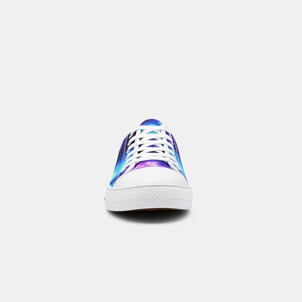 Freaky Shoes® low-top canvas sneakers featuring a vibrant galaxy art print with blue and purple cosmic patterns.