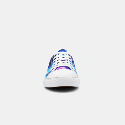 Freaky Shoes® low-top canvas sneakers featuring a vibrant galaxy art print with blue and purple cosmic patterns.