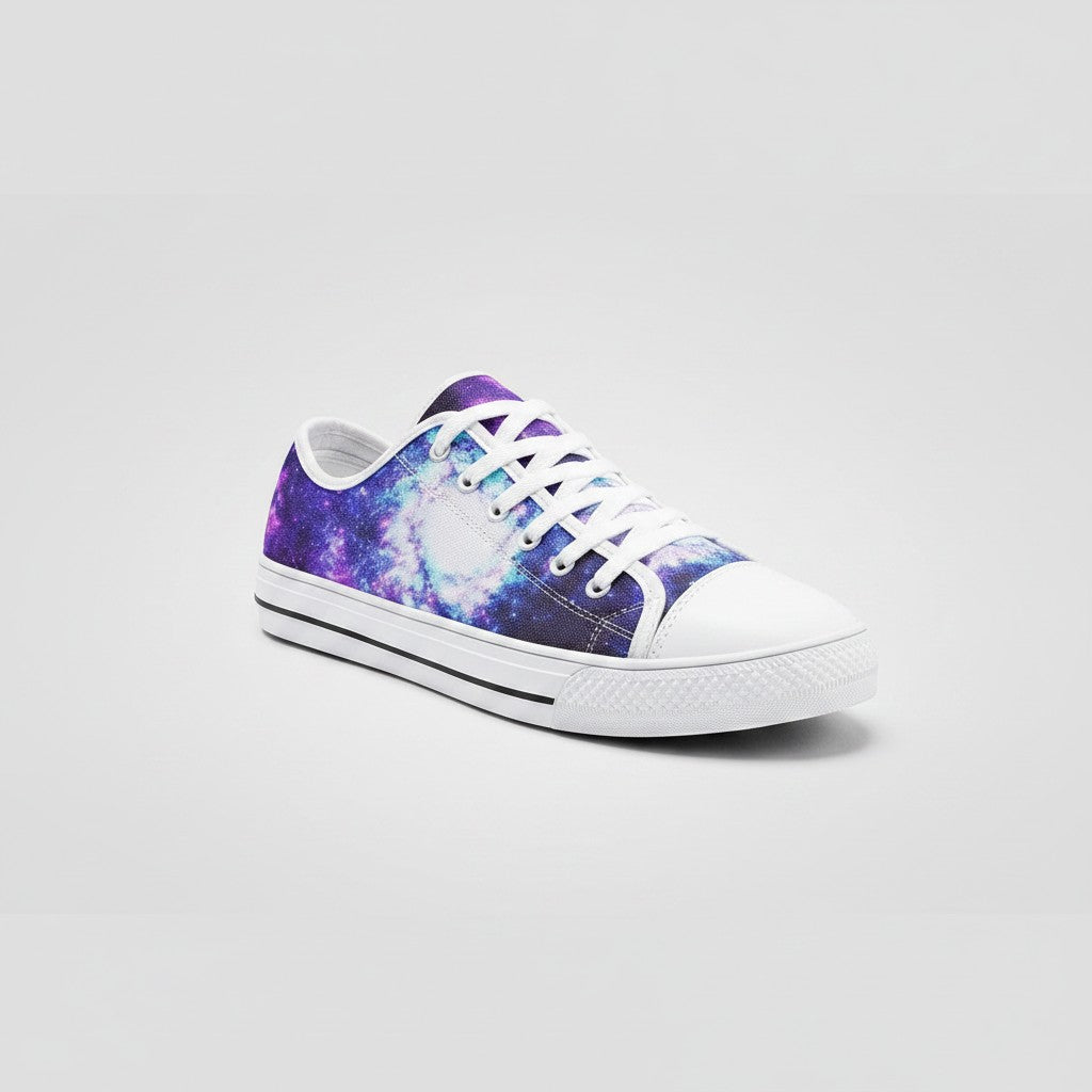Freaky Shoes® low-top canvas sneakers featuring a vibrant purple and blue galaxy art print with white laces.