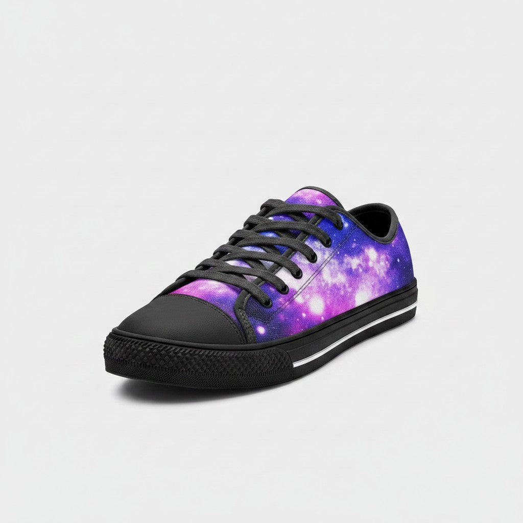 Freaky Shoes® low-top canvas sneakers featuring a vibrant purple and blue galaxy print with black laces and trim.