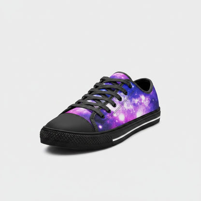 Freaky Shoes® low-top canvas sneakers featuring a vibrant purple and blue galaxy print with black laces and trim.